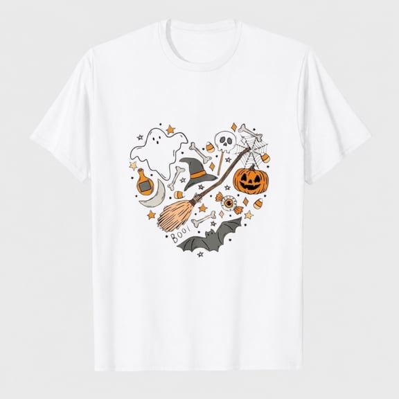 Women's Halloween Ghost Pumpkin Candy Graphic T-Shirt, 100% Cotton Short Sleeve Shirt