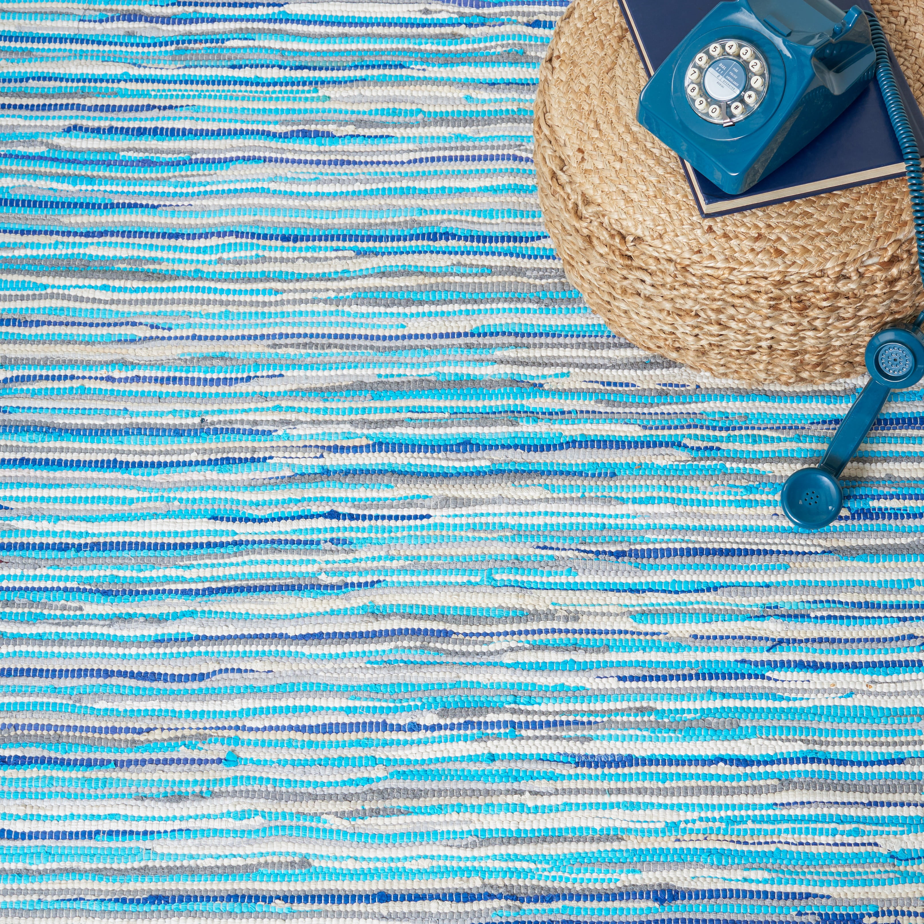 SAFAVIEH Rag Elena Striped Cotton Area Rug, Turquoise/Multi, 4' x 4' Round