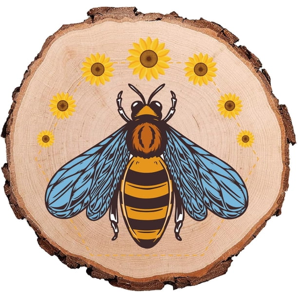 Rodajas de madera redondas naturales con estampado de girasoles y abejas, de 4,3 pulgadas, sin perforar, para troncos de árbol, posavasos, decoración artística, adornos navideños.
