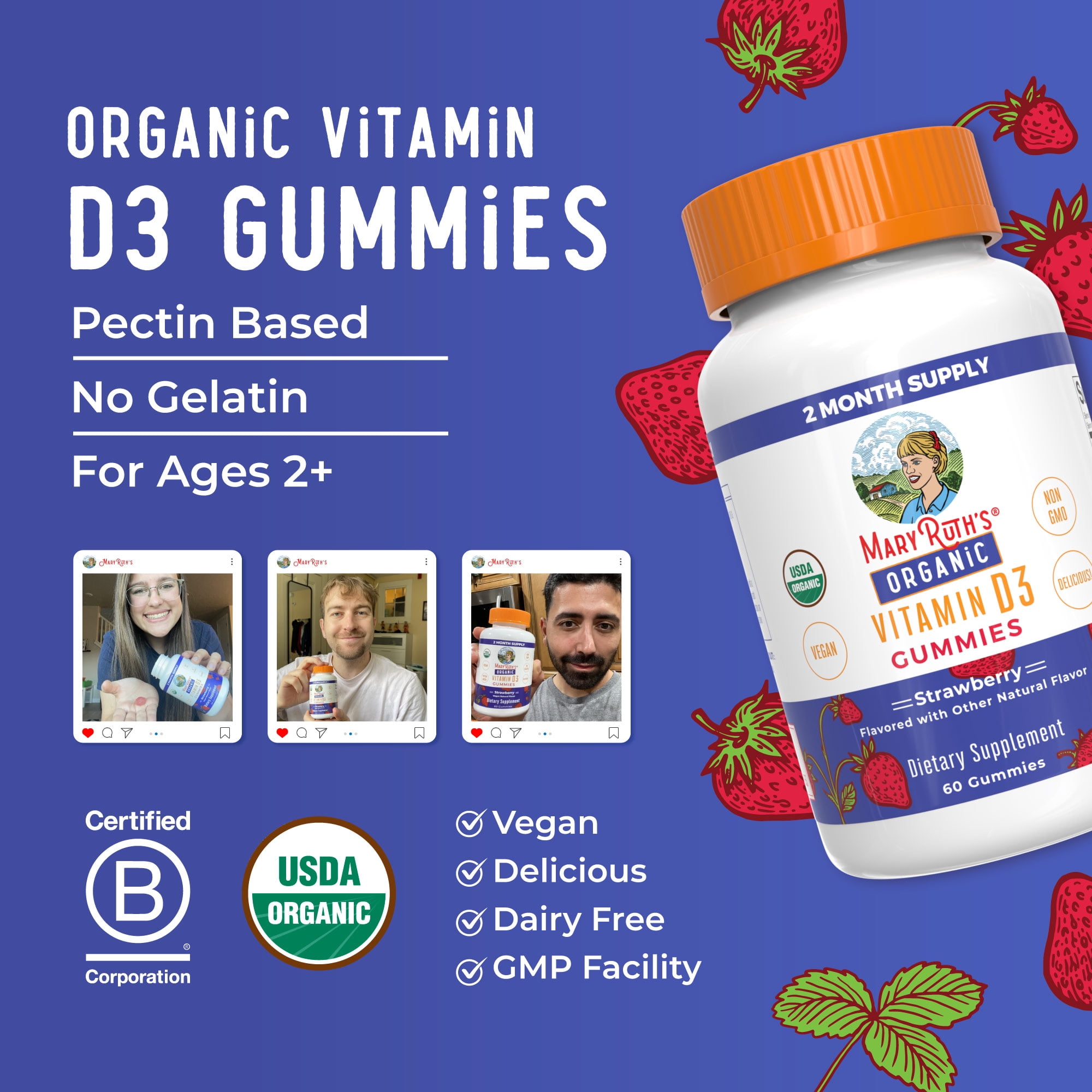 (2 pack) MaryRuth's Vitamin D3 Gummies USDA Organic Strawberry Vegan Ages 2+ 60 Count
