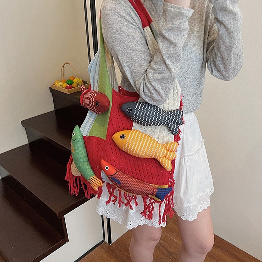 Jiibva Crochet Beach Shoulder Bag for Women Summer Tote handbags Shoulder Boho Bag with Handmade Fish for Summer Vacation
