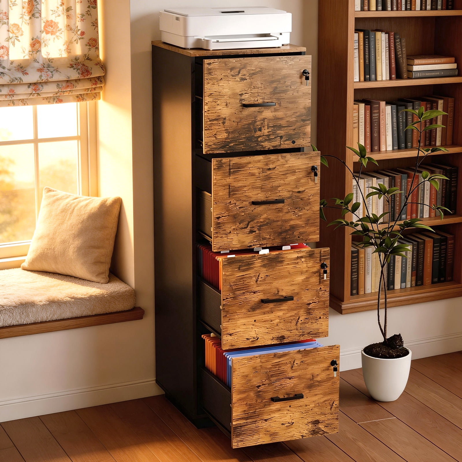 Ktaxon Wood Lateral File Cabinet with Lock for Home Office, Lockable Filing Cabinet, Easy to Assemble, Brown