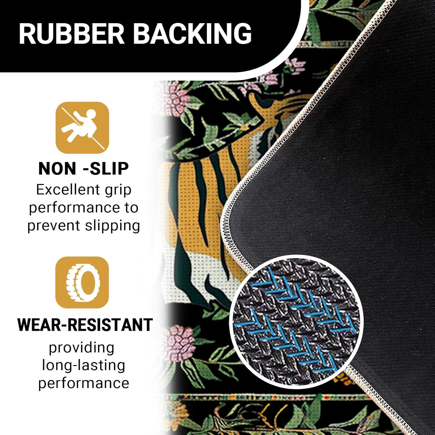 Jungle Tiger Black Welcome Front Door Mat, Tropical Plant Floral Decorative Doormat Non-Slip Floor Entryway Rug, Botanical Low Profile Indoor Outdoor Home Kitchen Decoration 17x29 Inches