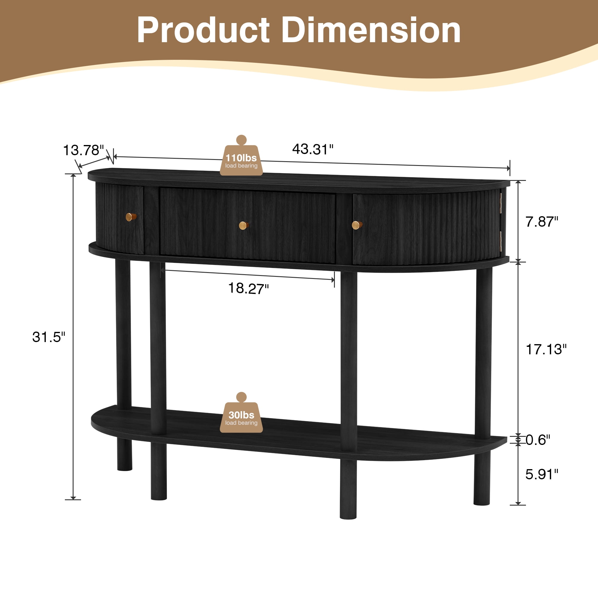 PHOYAL Fluted Half Oval Console Table with Drawers and Storage, Wooden Semi Elliptic End table with Shelf for Living Room, Half Round Side Table for Entryway Hallway, Black