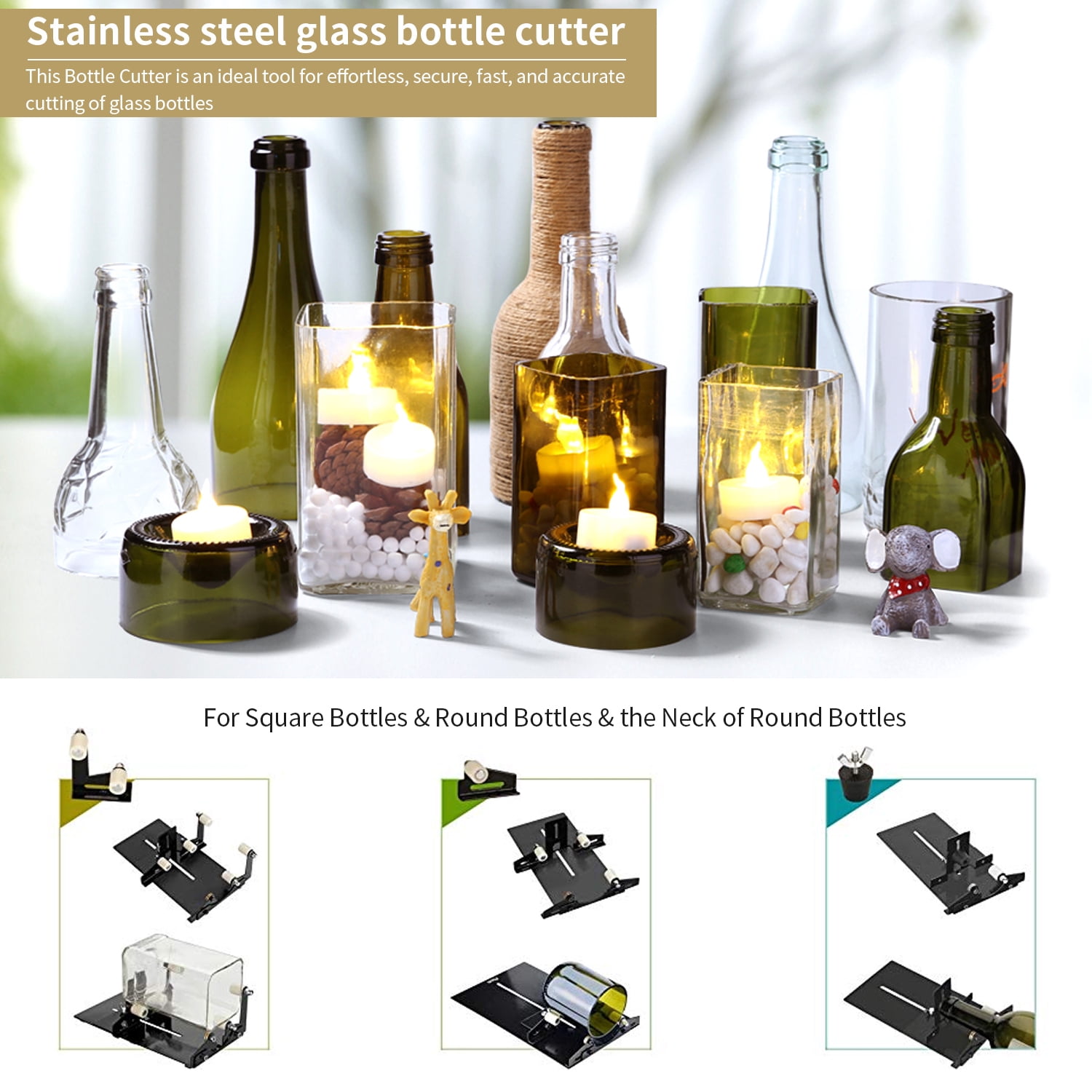 Glass Bottle Cutter Cutting Tool Upgrade Version Square And Round Wine Beer Glass Sculptures Cutter For DIY Glass Cutting Machine Metal Pad Bottle Holder With Cutting Accessories