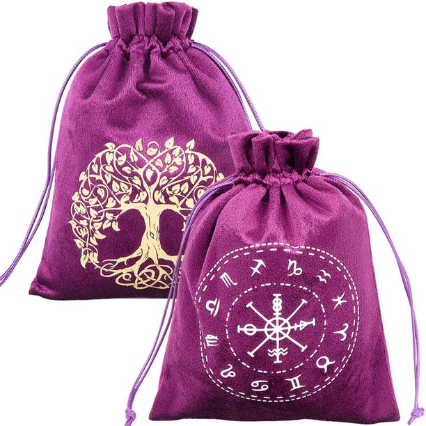 2 bolsas de tarot de terciopelo con cordón, fundas para cartas de tarot, soporte para guardar barajas de tarot, color negro y morado, con el árbol de la vida del zodíaco.