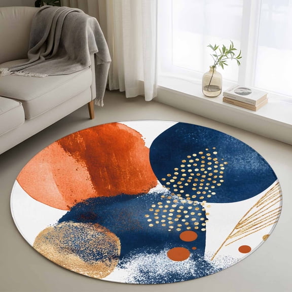 Round Rugs 3Ft, Navy Blue Burnt Orange Round Area Rug Washable Indoor Throw Carpet, Abstract Geometric Vintage Small Non Slip Circle Rug for Bedroom Living Room Home Decor Aesthetic