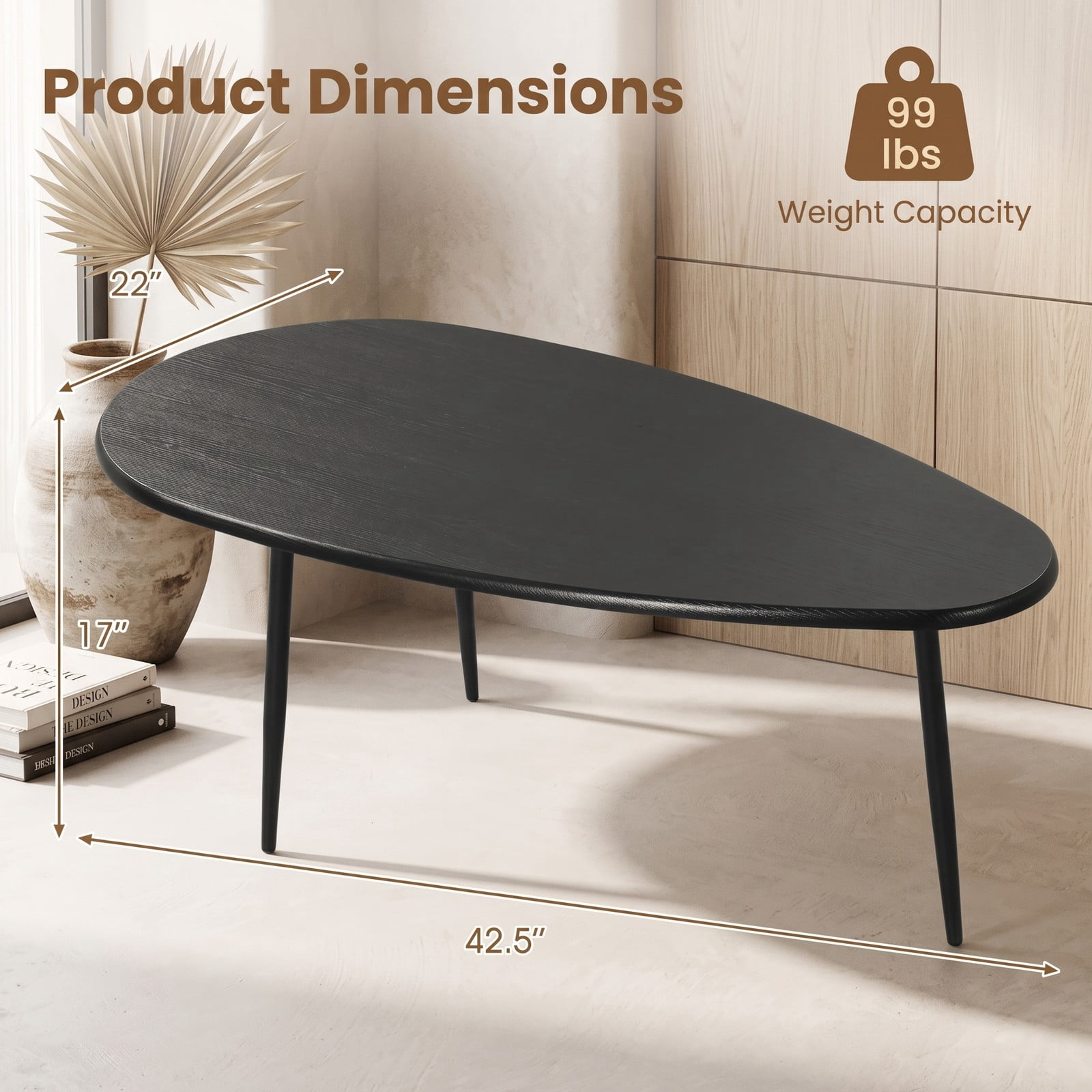 Furnibear Oval Coffee Table Mid Century Center Table with Sturdy Metal Frame, Open Storage Shelf & Adjustable Foot Pads for Living Room, Hallway & Lounge, Black