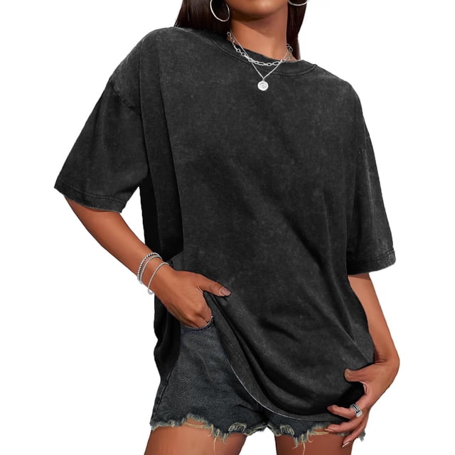 Camiseta Adorejoy de gran tamaño, vintage, lavada, holgada, casual, para mujer