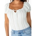 thumbnail image 3 of Celebrity Pink Women's Square Neck Ruffle Trim Puff Sleeve Bodysuit, Sizes XS-XXXL, 3 of 6