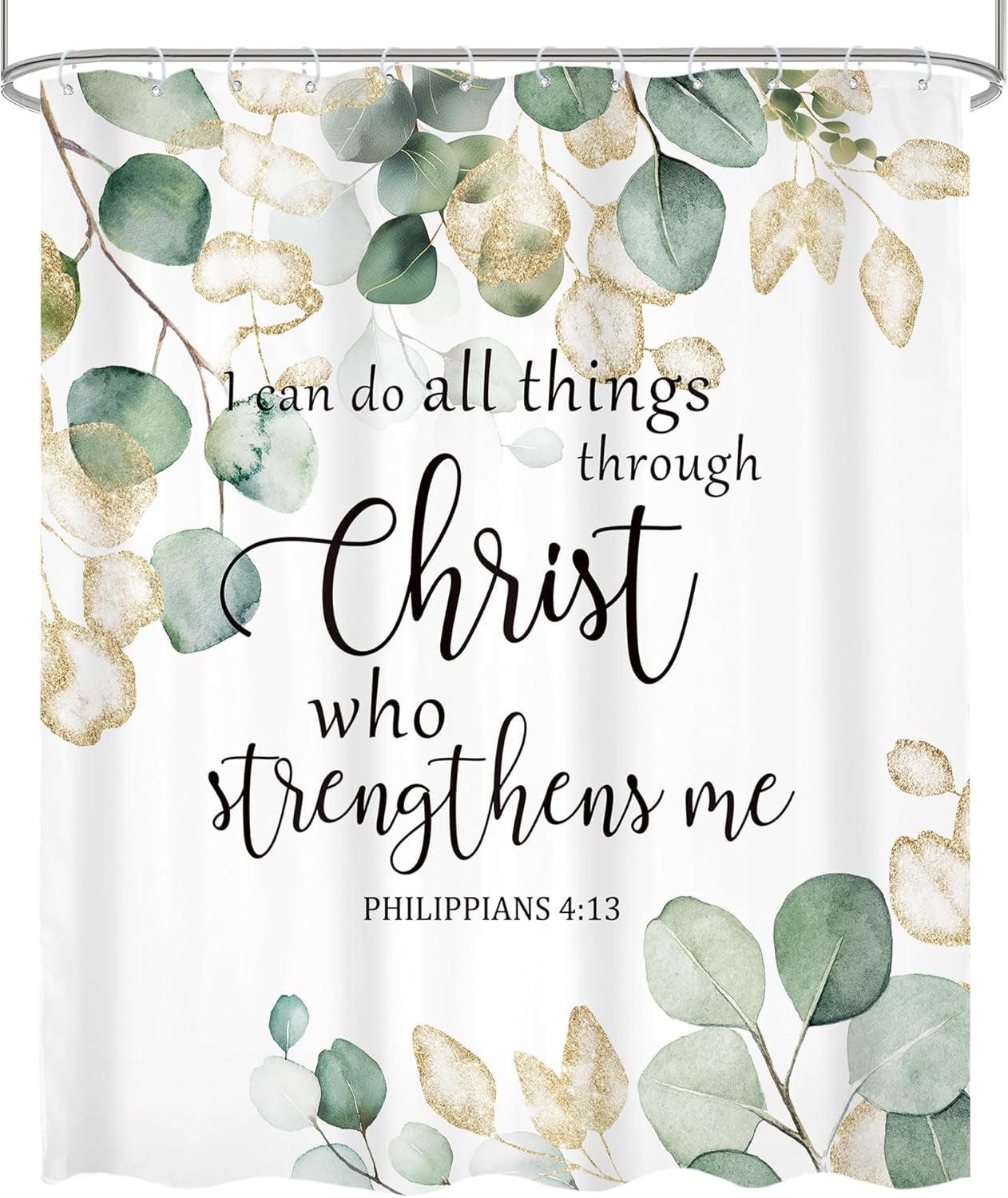 Eucalyptus Bible Verse Shower Curtain Green Leaves Gold Watercolor Plant Christian Quotes Botanical Leaf Scripture with 12 Plastic Hooks Fabric Waterproof Toilet Accessories Decor