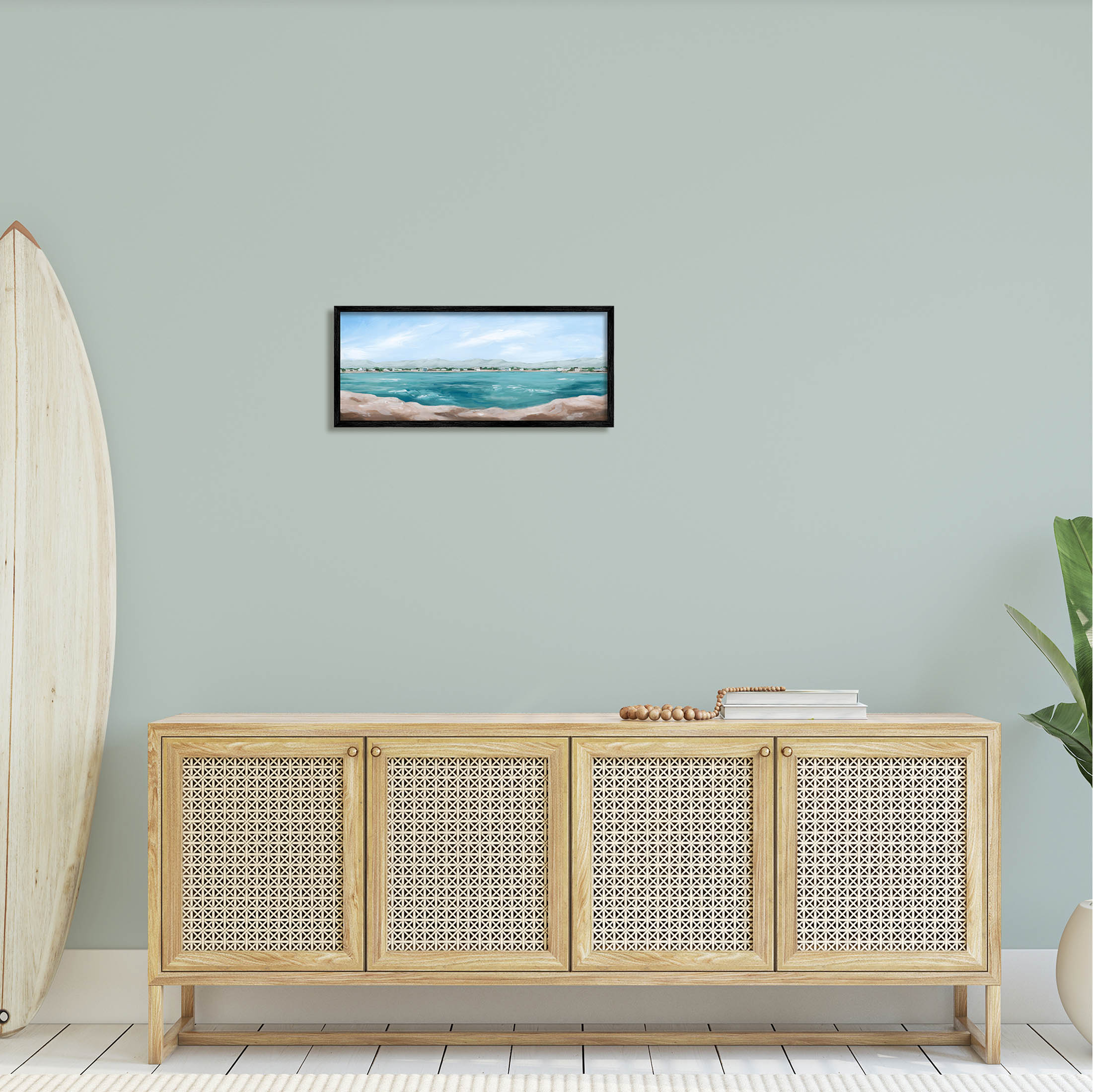 Stupell Industries Panoramic Rocky Ocean View Distant Town Painting Black Framed Art Print Wall Art, Design by Grace Popp