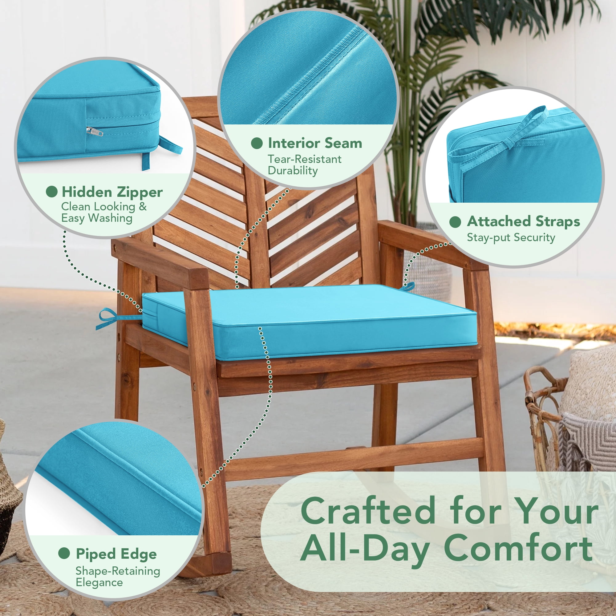 Ottowood Outdoor Chair Cushions Set of 6, 18.5x16x2 Waterproof Patio Cushions with Ties, Teal