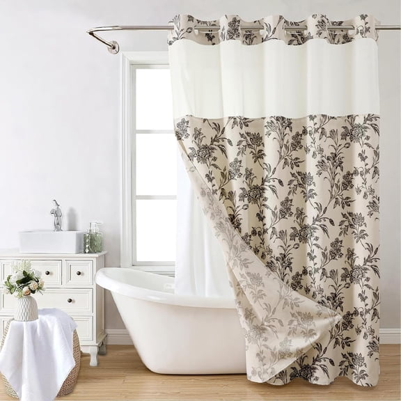 No Hook Shower Curtain with Snap in Liner Black Floral Cotton Linen Cottagecore Shower Curtain for Bathroom 72" W x 75" L