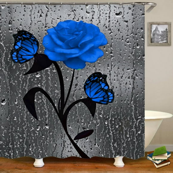 Bathroom Shower Curtains, Blue Rose Flower Butterfly Raindrop Waterproof Polyester Fabric Shower Curtain Sets Bathroom Curtains with 12Hooks (Blue, 72X72 inch)