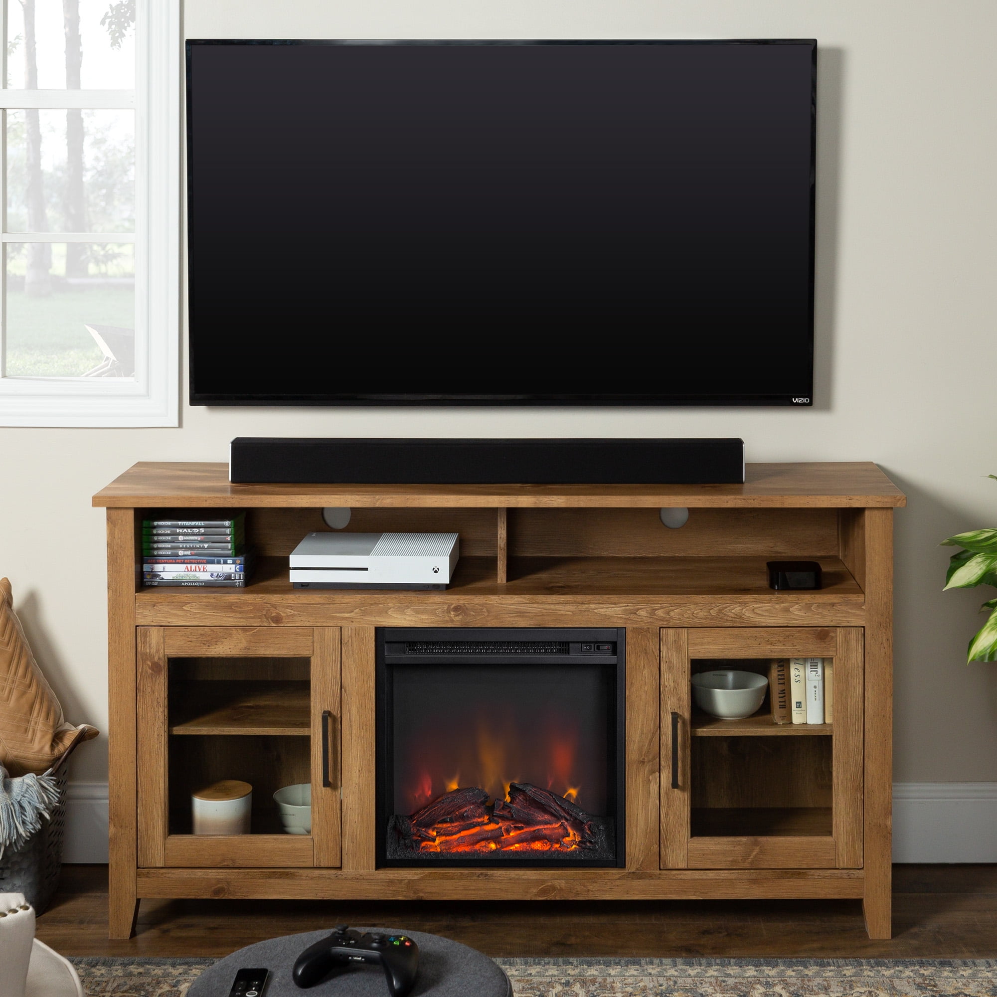 Walker Edison Tall Fireplace TV Stand for TVs up to 64" Barnwood