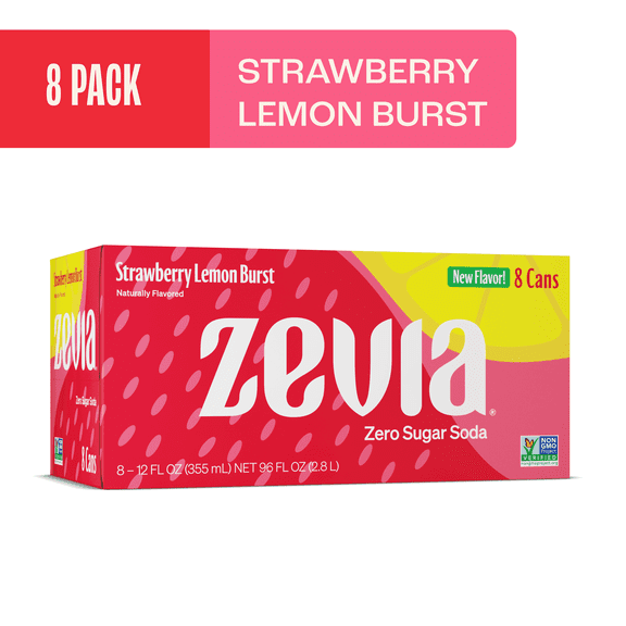 Zevia Zero Calorie, Caffeine Free Strawberry Lemon Burst Soda Pop, 12 fl oz, 8 Pack Cans