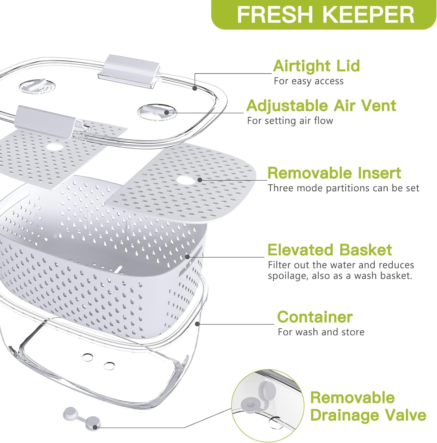 Fresh Produce Vegetable Fruit Storage Containers 3Piece Set, BPA-free, Partitioned Salad Container, Fridge Organizers, Used in Storing Fruits Vegetables, White