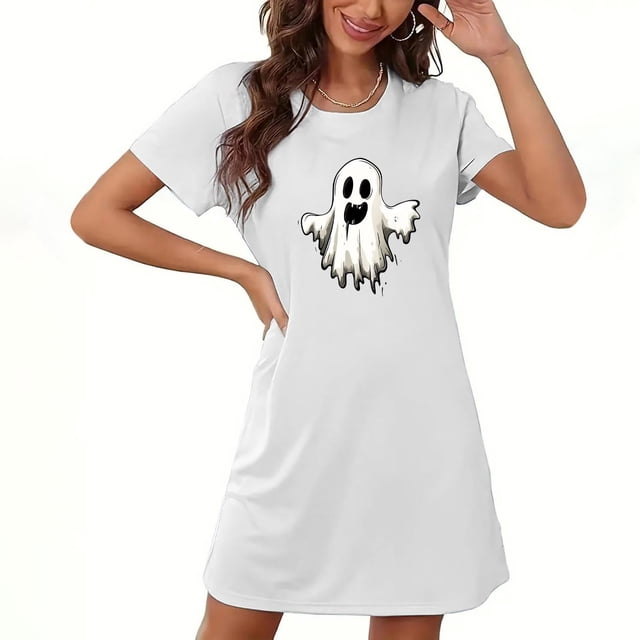Pyjamas d'Halloween pour Femmes, Grande Taille, Robe de Nuit Courte avec Imprimé Poitrine, Col Rond et Manches Courtes, Tissu Doux pour un Sommeil Confortable et Tenue Décontractée