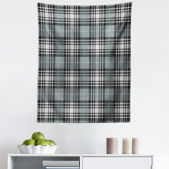 Checkered Tapestry, Old Fashioned Plaid Tartan in Dark Colors Classic English Tile Symmetrical, Fabric Wall Hanging Decor for Bedroom Living Room Dorm, 5 Sizes, Grey Black White, by Ambesonne