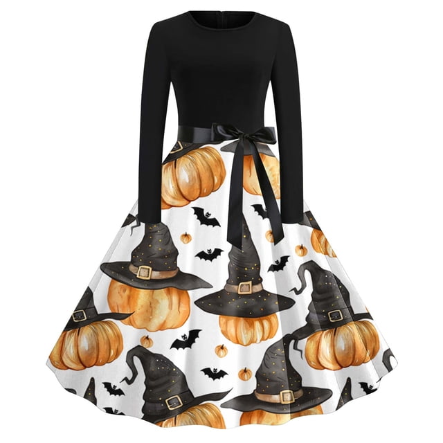 Qiopertar Robe d'Halloween Imprimée à Lacets Style Rétro à Fermeture Éclair Manches Longues Col Rond en Solde à Moins de 5$ en Solde