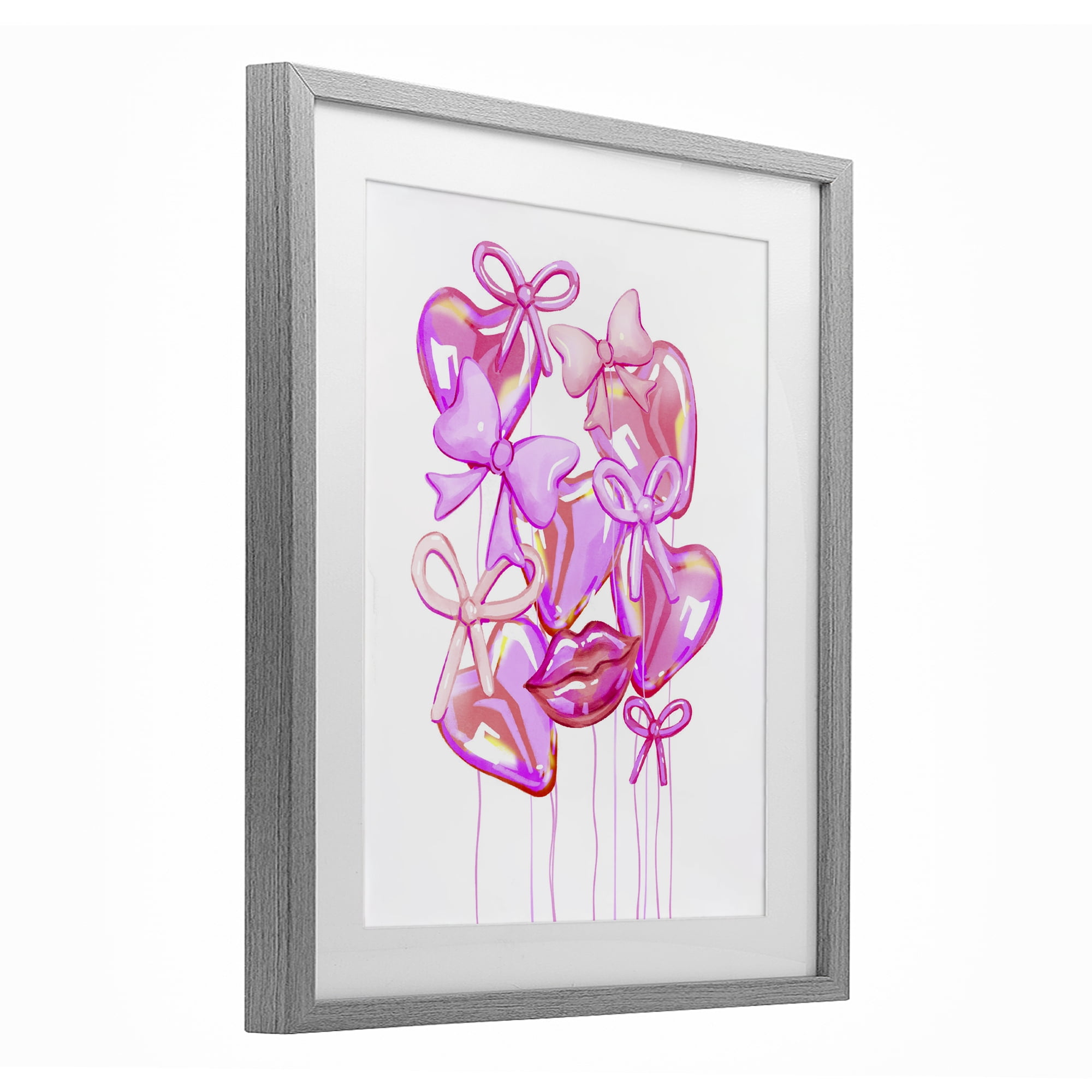 Pink Heart and Bow Balloons Gray Framed Print Under Glass, design by Ziwei Li