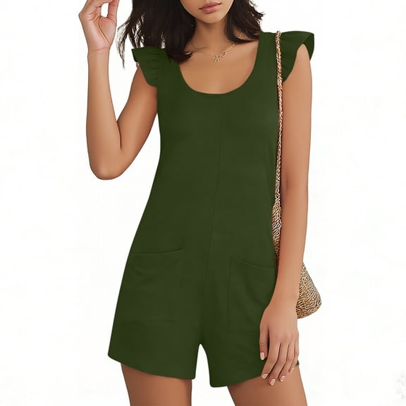AUNVITO Women's Sleeveless Romper Round Neck Vest Style with Pockets Casual Chic Solid Color