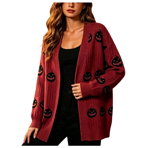 OJSFQUFP Halloween Cardigan for Women Open Front Oversized Pumpkin Sweater Fall Cozy Coat Casual Daily Outfits