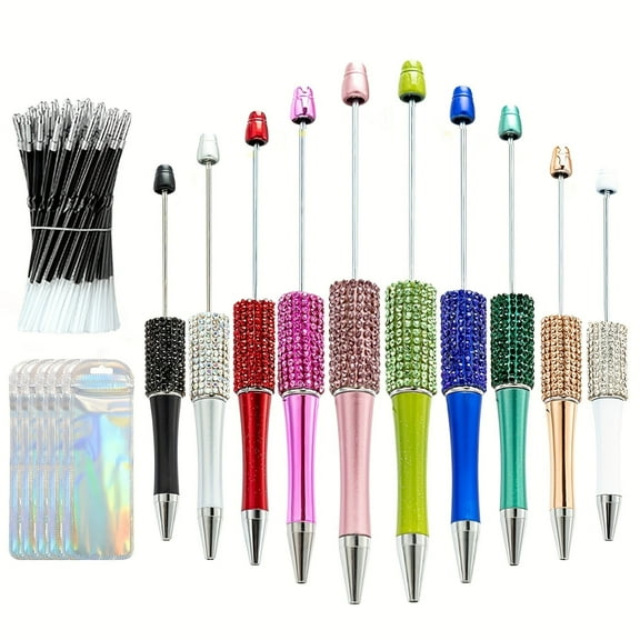 10Set Multicolor Petal Glitter Beadable 50 Pen Refills 10 Pen Bags Ballpoint Pens Retractable Diamond Bead Pen Plastic DIY Bling Pens Cool Shaft Beaded Pen Black Ink for DIY Making Party Office