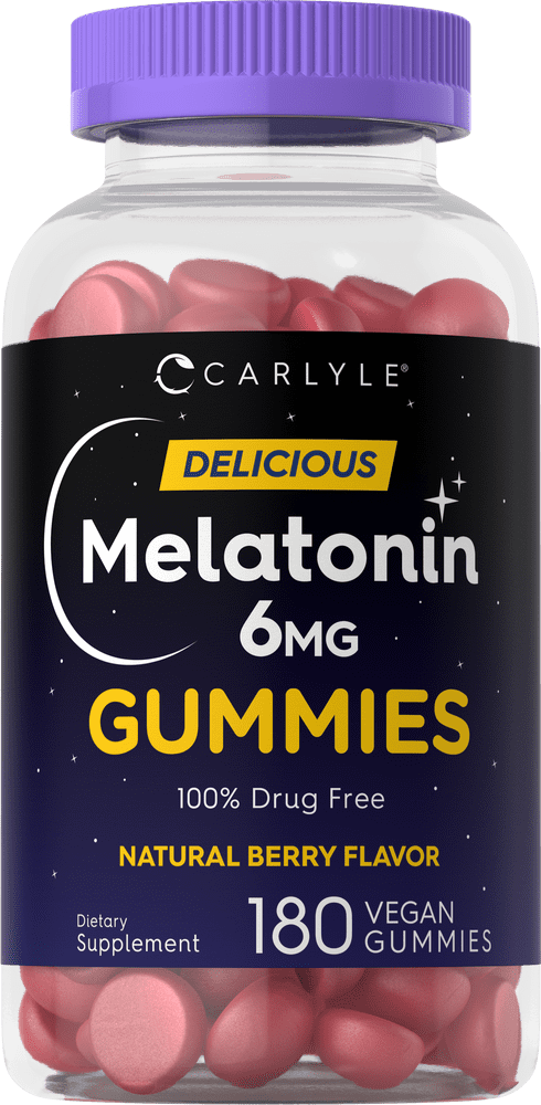 Melatonin Gummies 6mg | 180 Count | Adult Nighttime Sleep Aid | Natural Berry Flavor | Vegan, Non-GMO, Gluten Free | by Carlyle