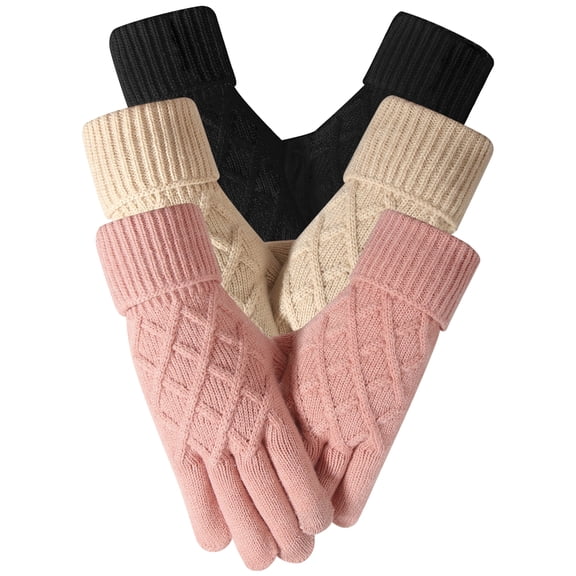 Bocaoying 3 Pairs Winter Gloves for Women, Touch Screen Thermal Knit Gloves, Anti-Pilling Soft & Warm Fleece Lined Mittens with Rhombus Twist Pattern, Elastic Cuff for Cold Weather, Black/Pink/Beige