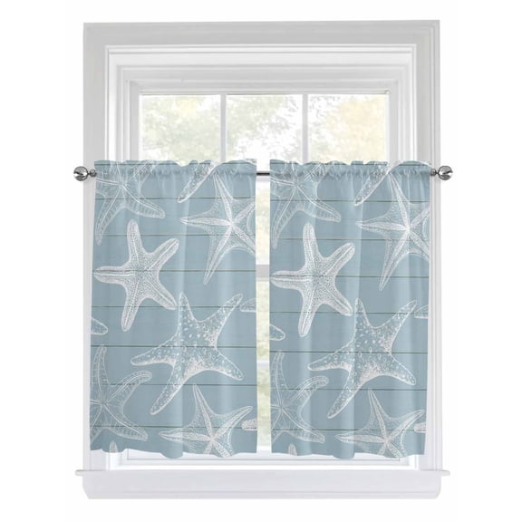 Blue White Starfish Bathroom Window Curtain, Coastal Ocean Summer Sea Nautical Light Filtering Coffee Kitchen Curtains, Bedroom Living Room Curtains 2 Panel 84"x54"