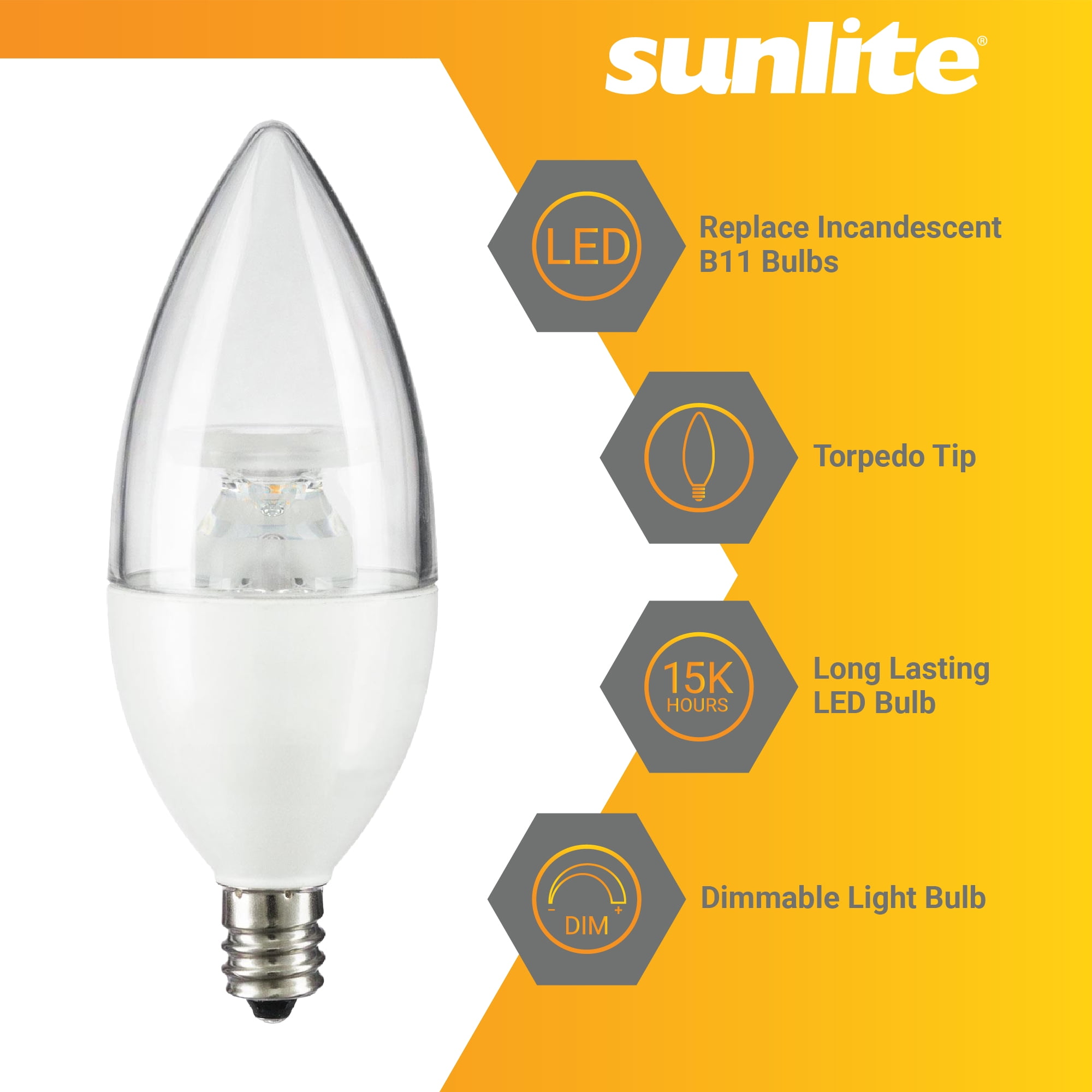 Sunlite LED B11 Clear Torpedo Tip Chandelier Light Bulb, 4.5 Watts (40W Equivalent), Candelabra E12 Base, Dimmable, 5000K Daylight, 6 Pack