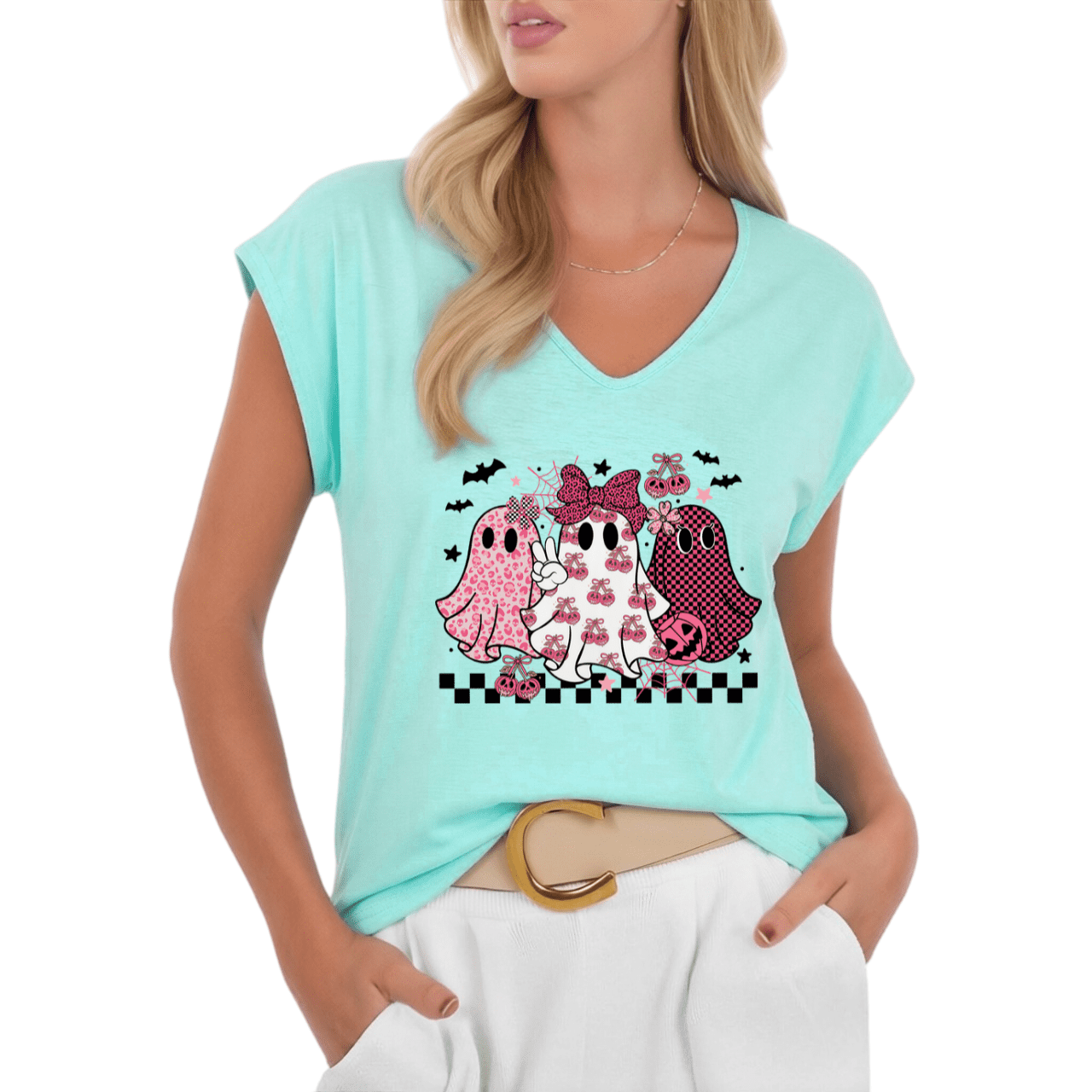 Cozymy Womens Cute Spooky Ghosts Bow Checkerboard Graphic Tee Trendy Retro Halloween Holiday Sleeveless Top Blue L