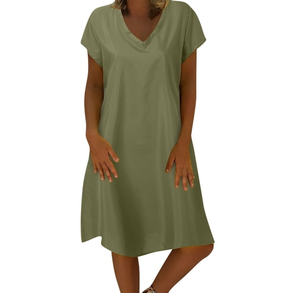 YAYUBA Cruise Outfits for Women 2026 Womens Fashion Dress Solid Color Short Sleeve V Neck Mid Length Dress Vacation Flowy Maxi Dresses