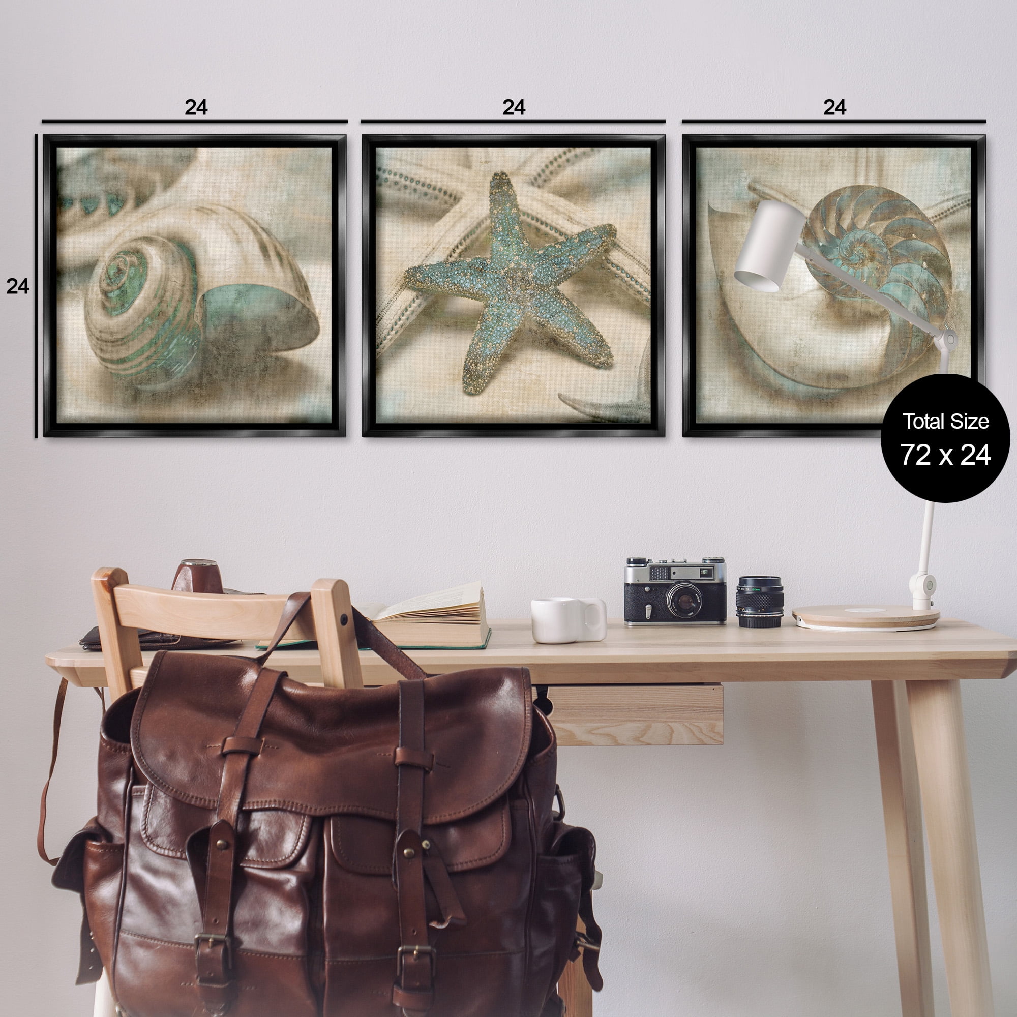 Stupell Industries Starfish & Sea Shells Distressed Nature Painting Black Floater Framed Canvas Art Print Wall Art, 25 x 25, Set of 3