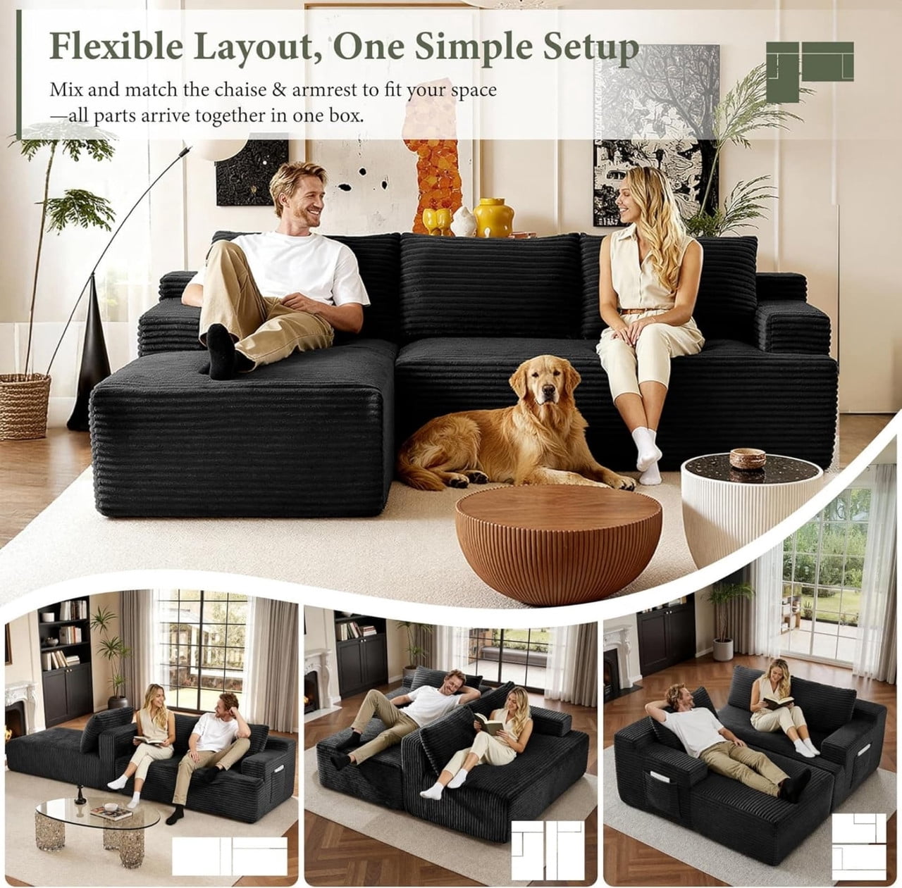 L-Shaped Modular Sectional Sofa with Chaise, Corduroy Cloud Sofa Couch with Deep Seat for Living Room Bedroom Apartment, Left Facing