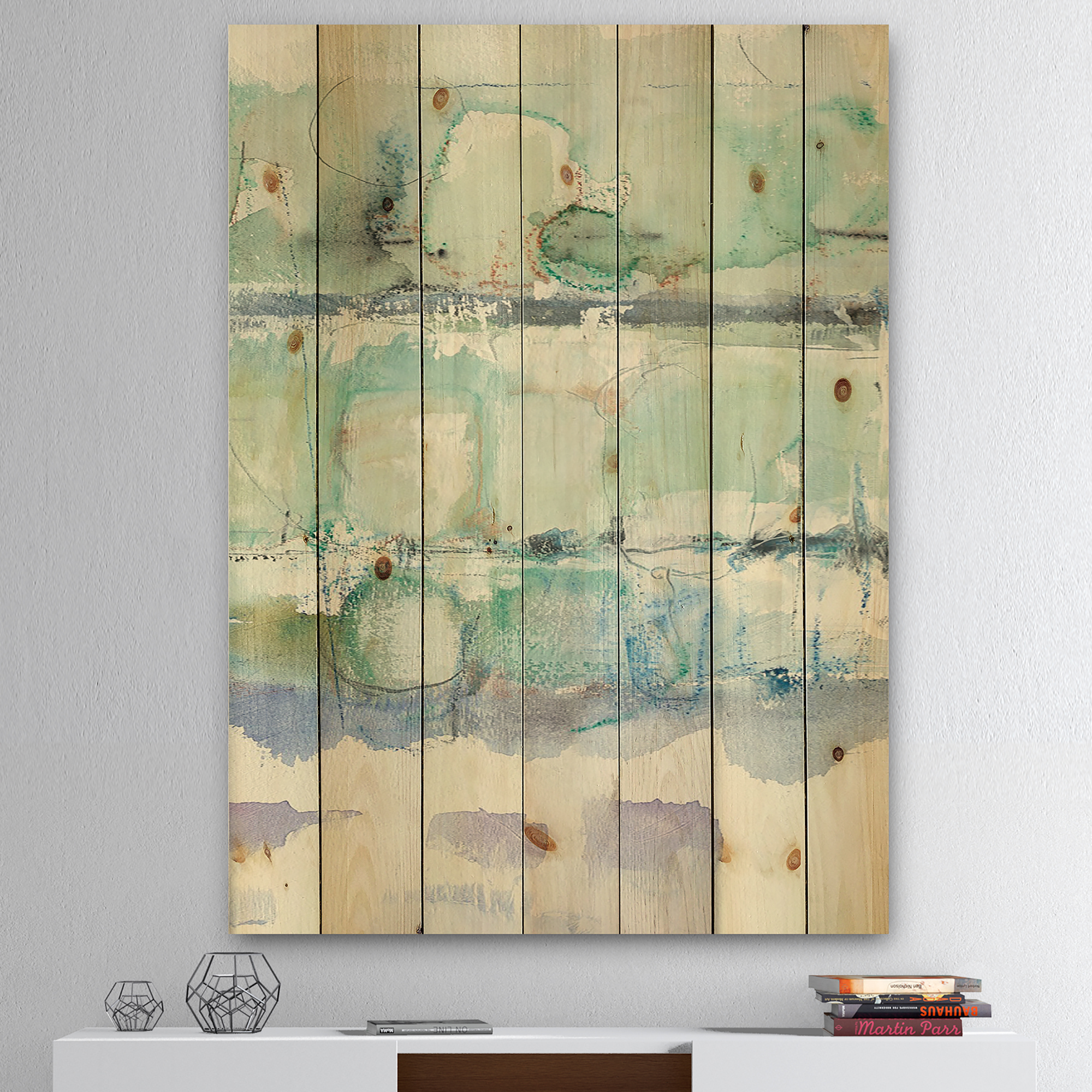 Designart 'Abstract Blue Panel I' Geometric Print on Natural Pine Wood