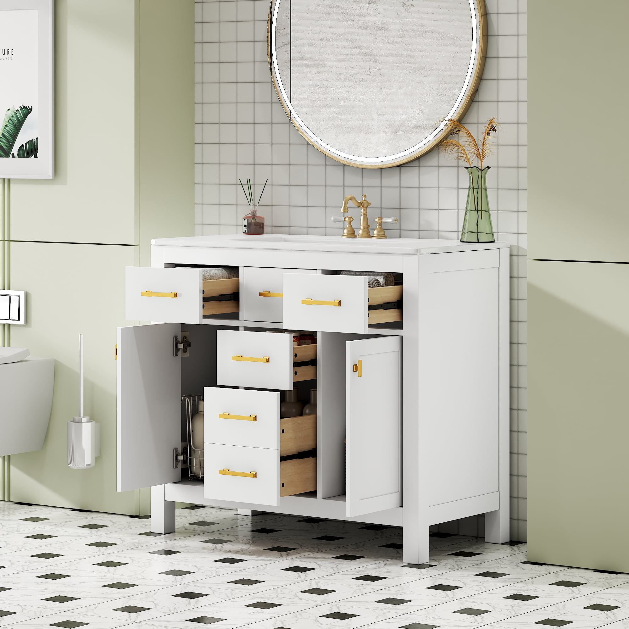 Euroco 36-Inch Solid Wood Bathroom Vanity with Ceramic Sink and Storage Cabinets