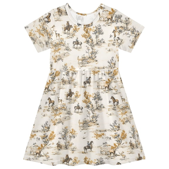 joogoo Horses Pattern Girls' Short Sleeve Dress Kids Dresses 5-6T