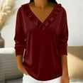 thumbnail image 2 of Velvet Tops for Women Dressy Casual Ruffled V Neck Long Sleeve Blouses Solid Color Tees Loose Fit (2XL, Red), 2 of 6