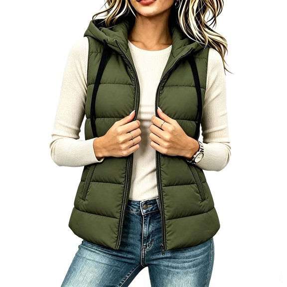 Edvintorg Womens Vest Winter Casual Puffer Jackets Fashion Zip up Sleeveless Hooded Waistcoat Padded Coat with Pocket Plus Size
