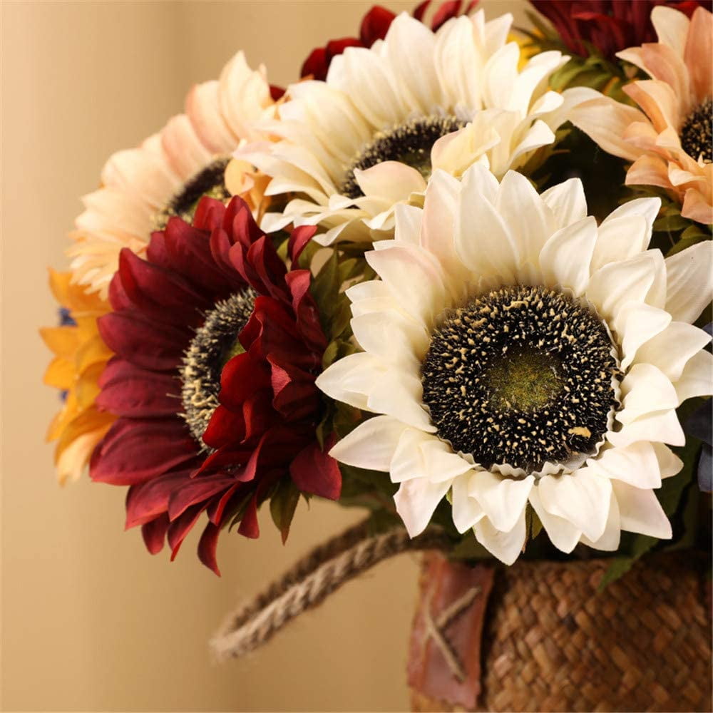 White Sunflowers Artificial Flowers 7 Faux Silk Sunflowers Bouquet Fake Real Touch Long Stems Floral for Wedding Party Centerpieces Home Decoration(Autumn White)