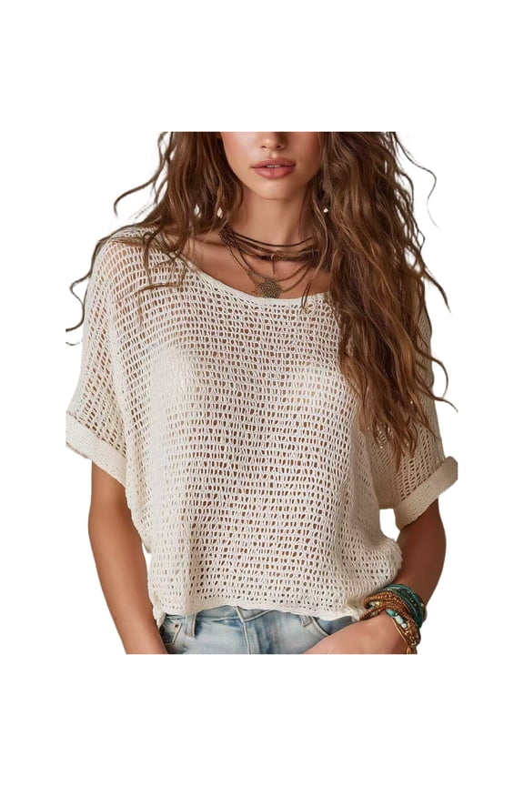 Womens Knit Tops Short Sleeve Crochet Sweater Hollow Out Beach Cover-up Lightweight Breathable Mesh Knit Pullover Spring Summer Style Crochet Texture Open Work White M