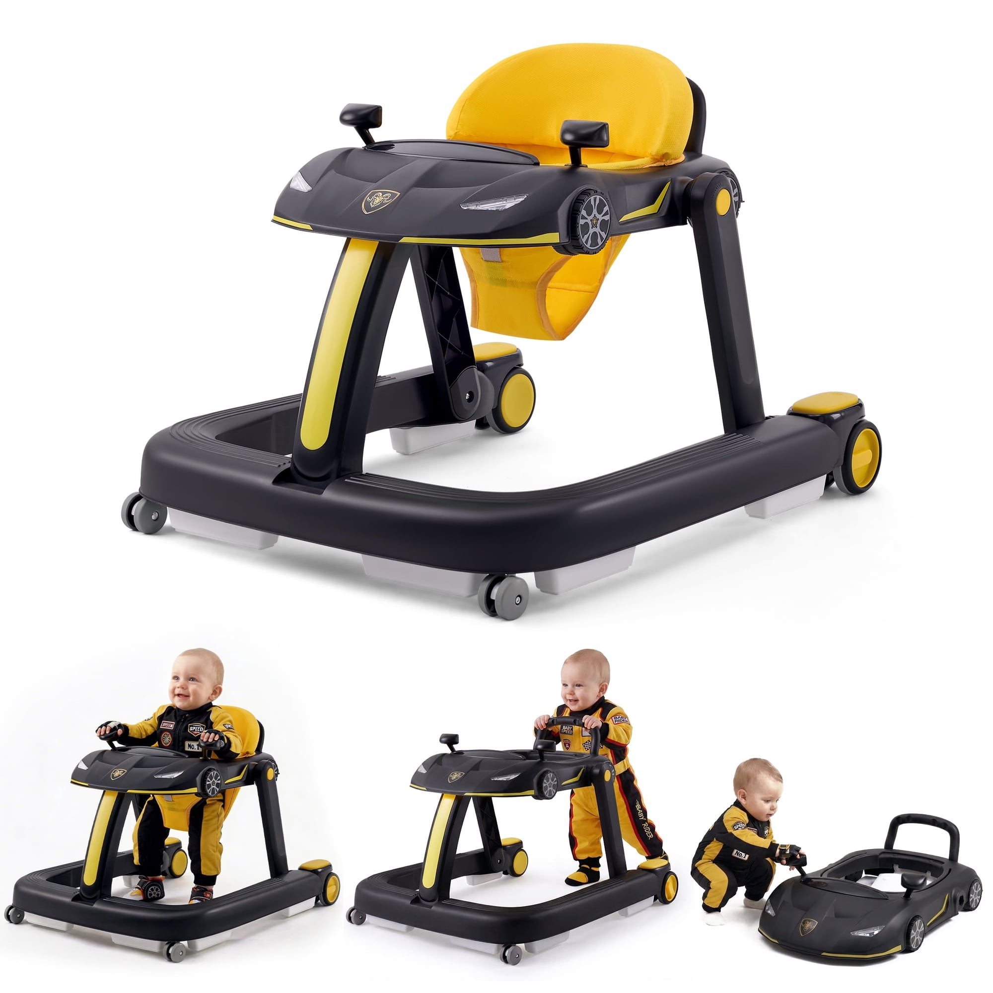 HARPPA Baby Walker for Boys and Girls, Racing Car Design Infant Walker, Baby Activity Walker with Wheels, Black