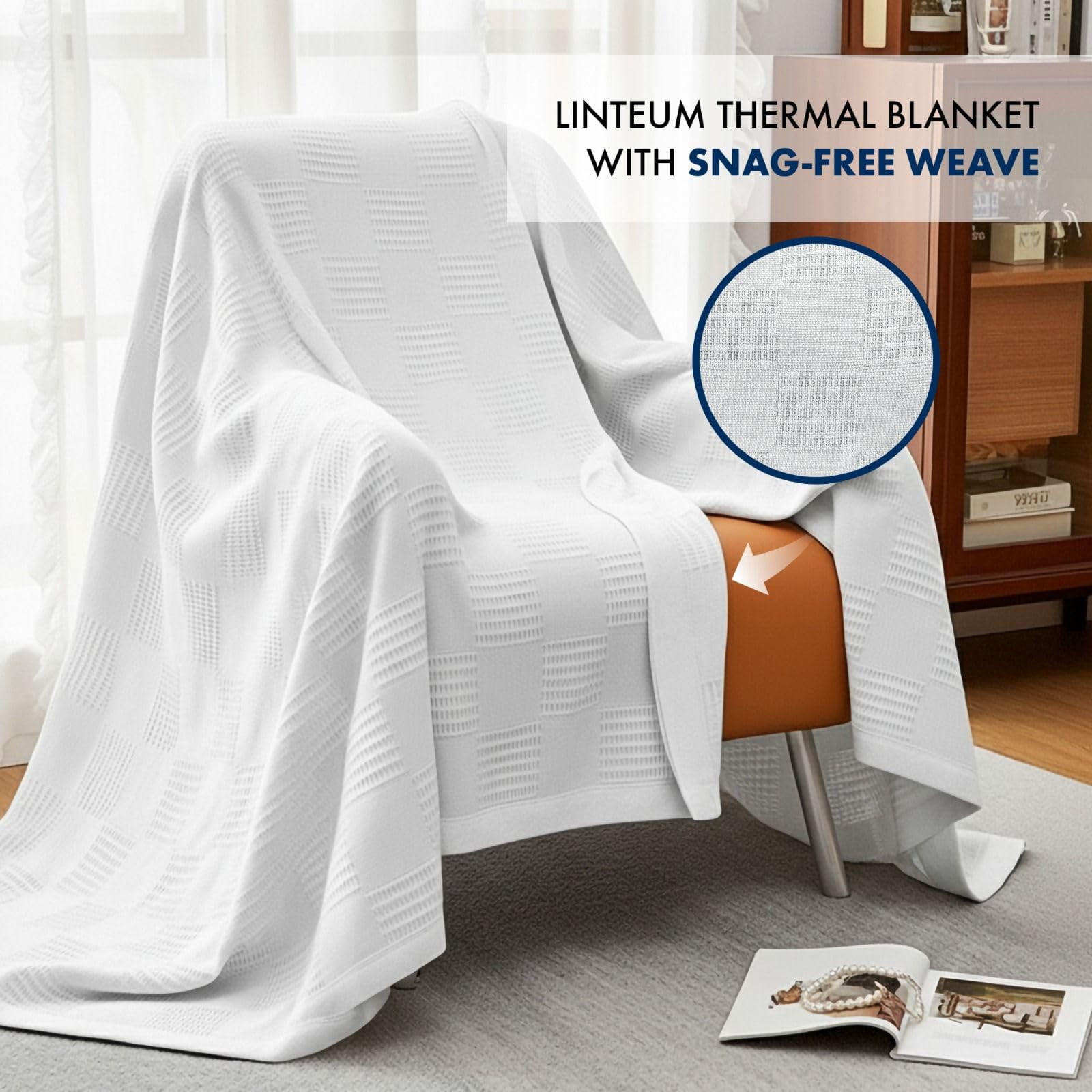 Linteum Textile Supply 100% Cotton Thermal Snag-Free Blanket (White, Queen) 90x90 in