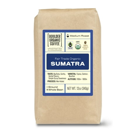 Boulder Organic Sumatra Organic & Fair Trade Single Origin Whole Bean Coffee, Medium Roast, 12 oz. Bag, Roast to Order