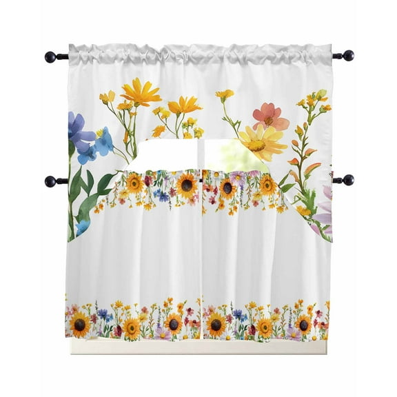Sunflower Floral Kitchen Curtains Sets 36 Inch Length with Valance, Farmhouse Colorful Flowers Swag Valances and Tiers Curtain Set Drapes Swag Curtains for Living Room, Bathroom, Bedroom, Cafe