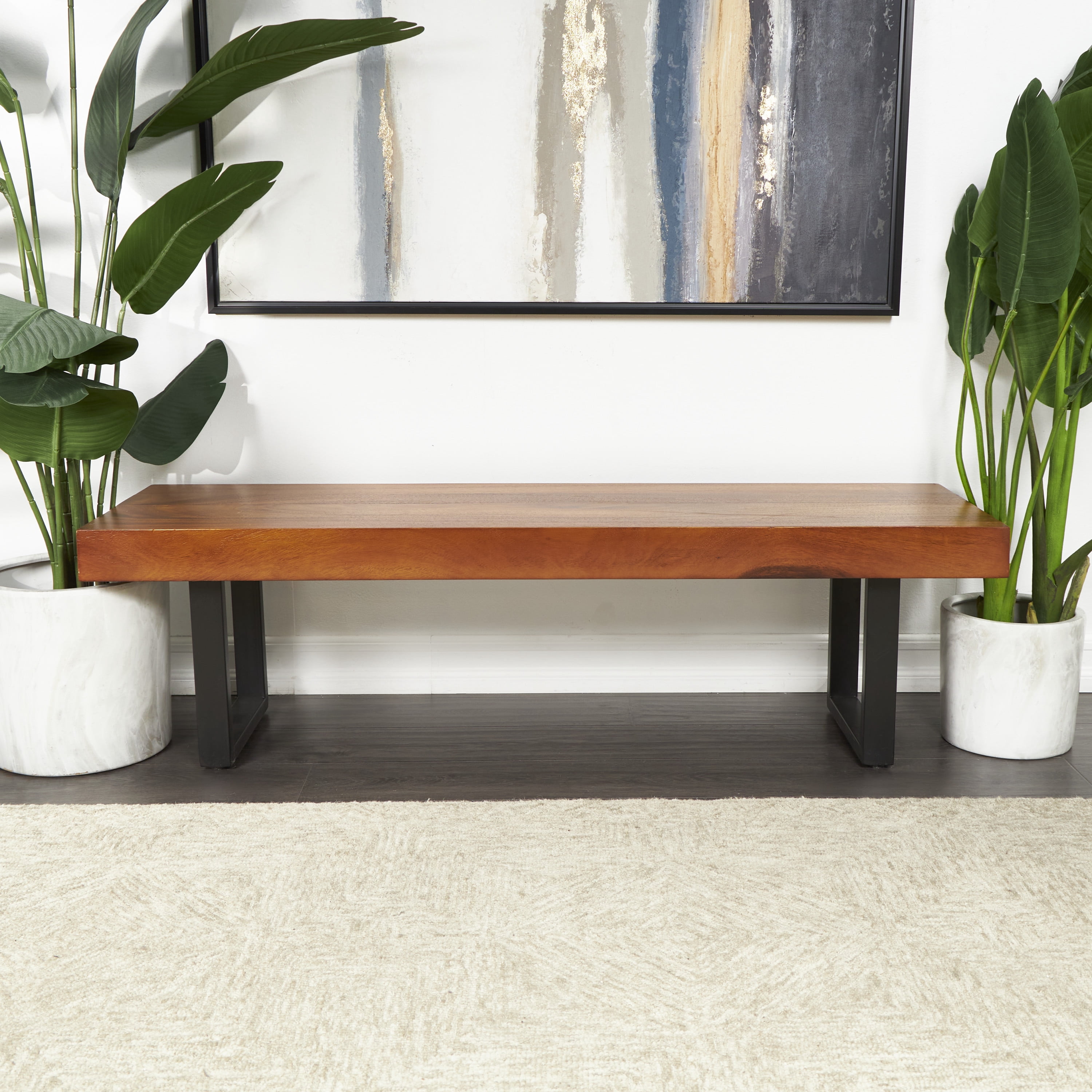 DecMode Wood Bench with Black Metal Legs, Brown