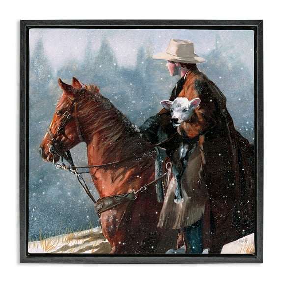 Stupell Industries Cowboy Snow Scene Animals & Insects Painting Black Floater Framed Canvas Art Print Wall Art, 18 x 18